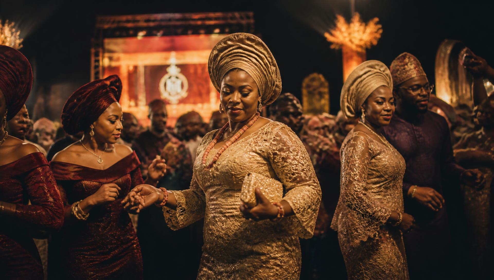 Guests in aso-ebi and gele celebrating at a Nigerian owambe